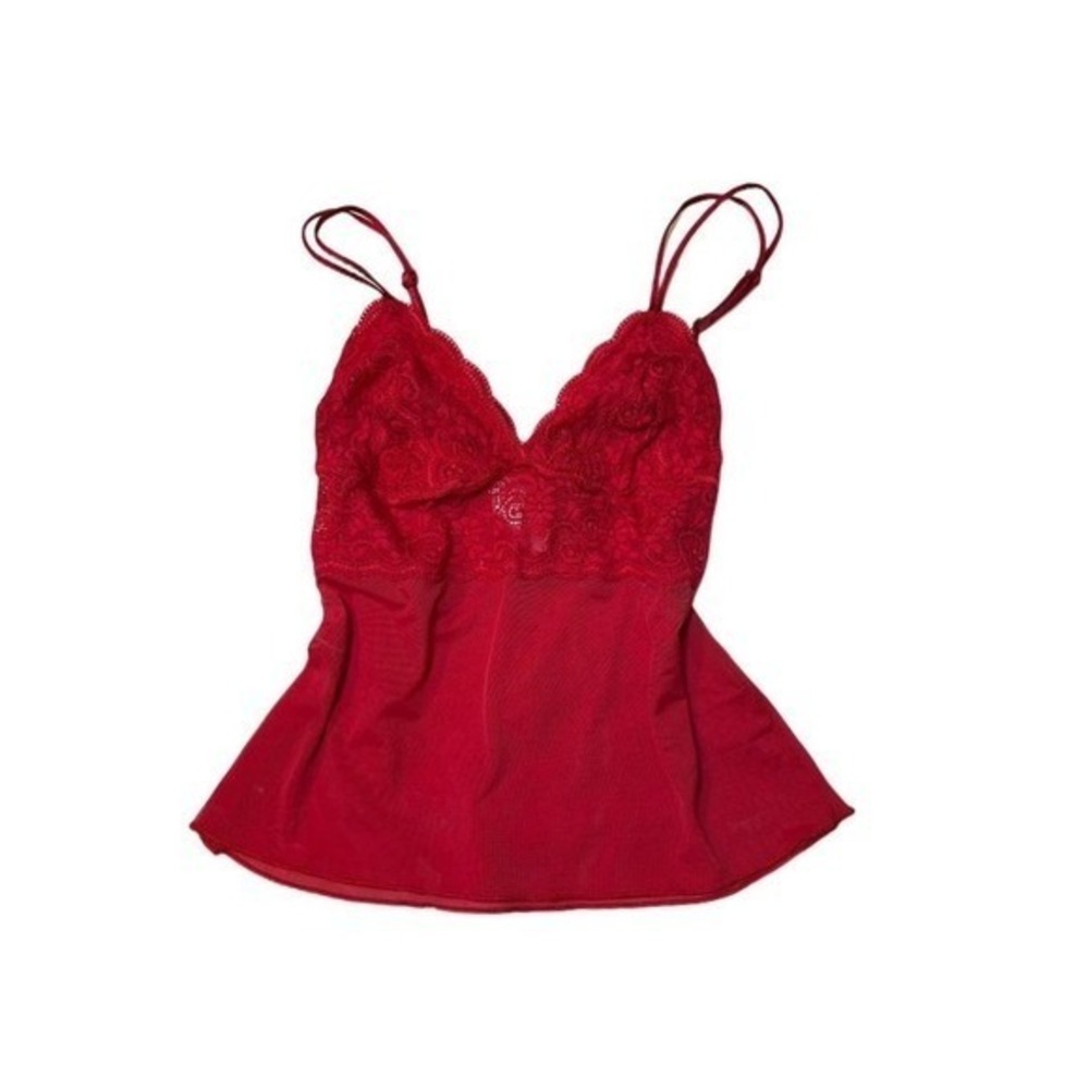 Vassarette Size L Red Floral Lace V Neck Sheer Babydoll Slip Tank Top VTG 90s